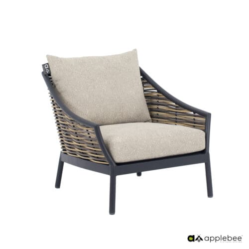 Milou lounge chair 77, frame aluminium Black, biculair weaving Willow, Bee Wett cushions Nature Grey