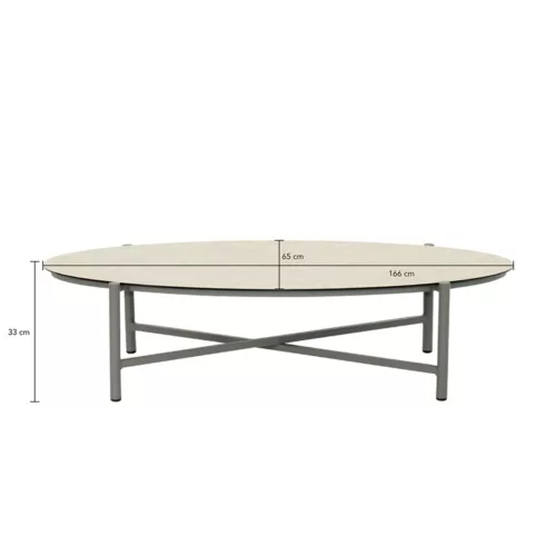 BORA BORA COFFEE TABLE OVAL 130X65X32,5H CM, FRAME ALU TAUPE, TOP CERAMIC GLASS TRAVETINO WHITE