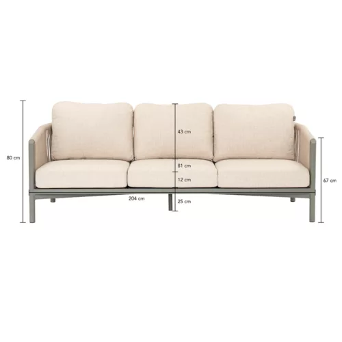 BORA BORA SOFA 204, FRAME ALUMINIUM TAUPE, ROPE WEAVE OAK, BEE WETT CUSHION NATURAL OAK