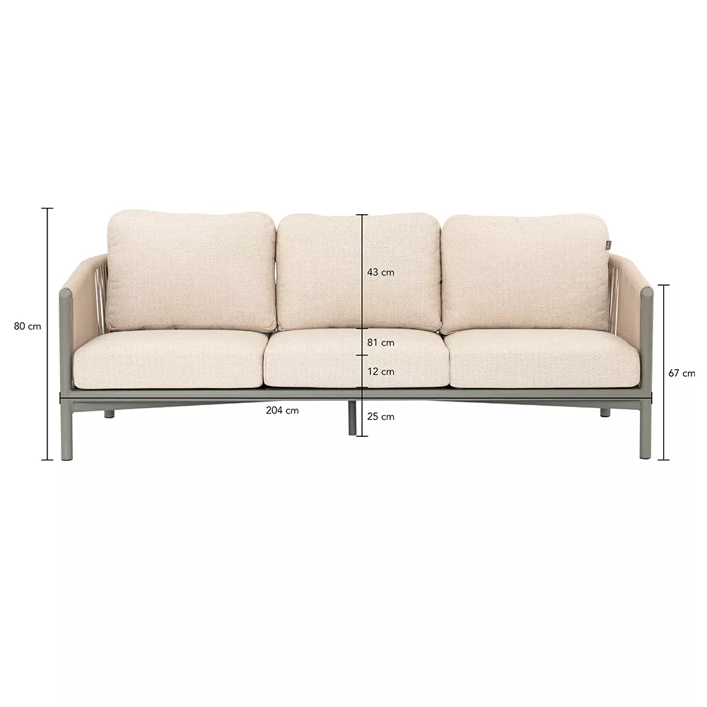 Bora Bora sofa 204, frame aluminium Taupe, rope weave Oak, Bee Wett cushion Natural Oak