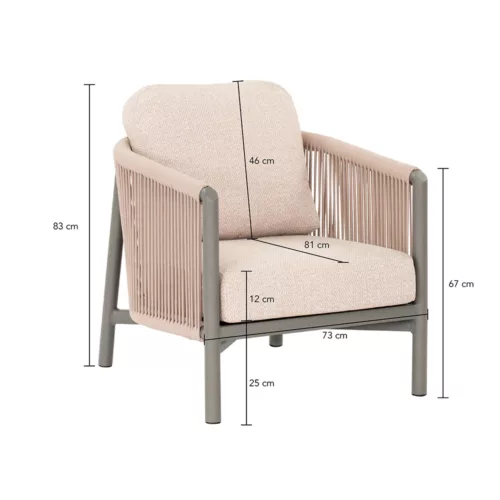 BORA BORA LOUNGE CHAIR 73, FRAME ALUMINIUM TAUPE, ROPE WEAVE OAK, BEE WETT CUSHION NATURAL OAK